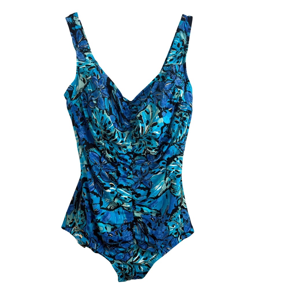 Maxine of Hollywood One Piece Swimsuit 18W‎ Blue Floral Ruched Tropical Retro